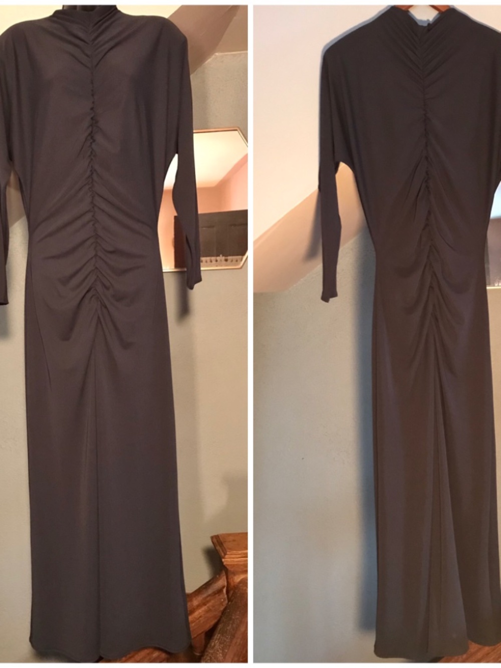 Zara Ruched Long Sleeve Maxi Dress High Neckline Petrol Blue Whimsigoth Large - Picture 7 of 11